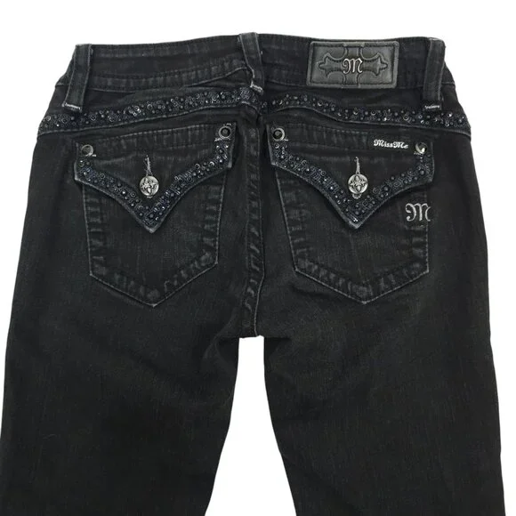 Miss Me Jeans Mid Rise Skinny Black Size 27 Stretch Studs Rhinestones Sequins - Picture 5 of 16